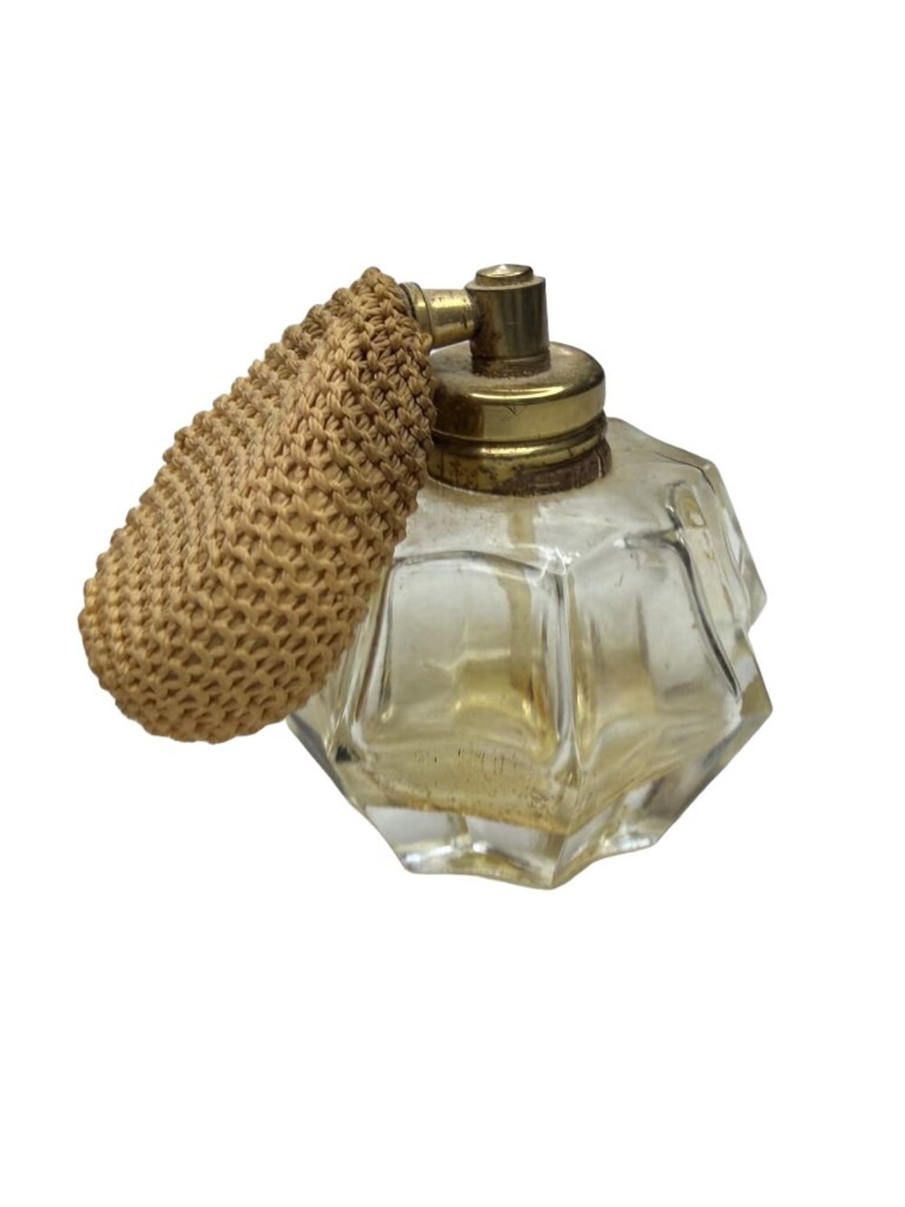 Vintage Art Deco Glass Perfume Bottle Atomizer Brass Woven Bulb 1920s 1930s
